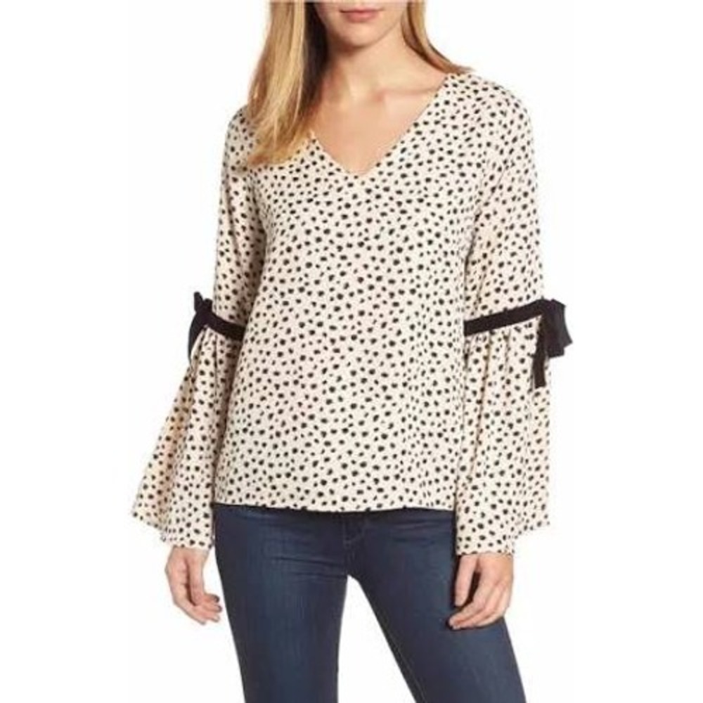 Halogen Bell Sleeve Blouse Womens M Tan Black Dot Velvet Bows Dark Academia